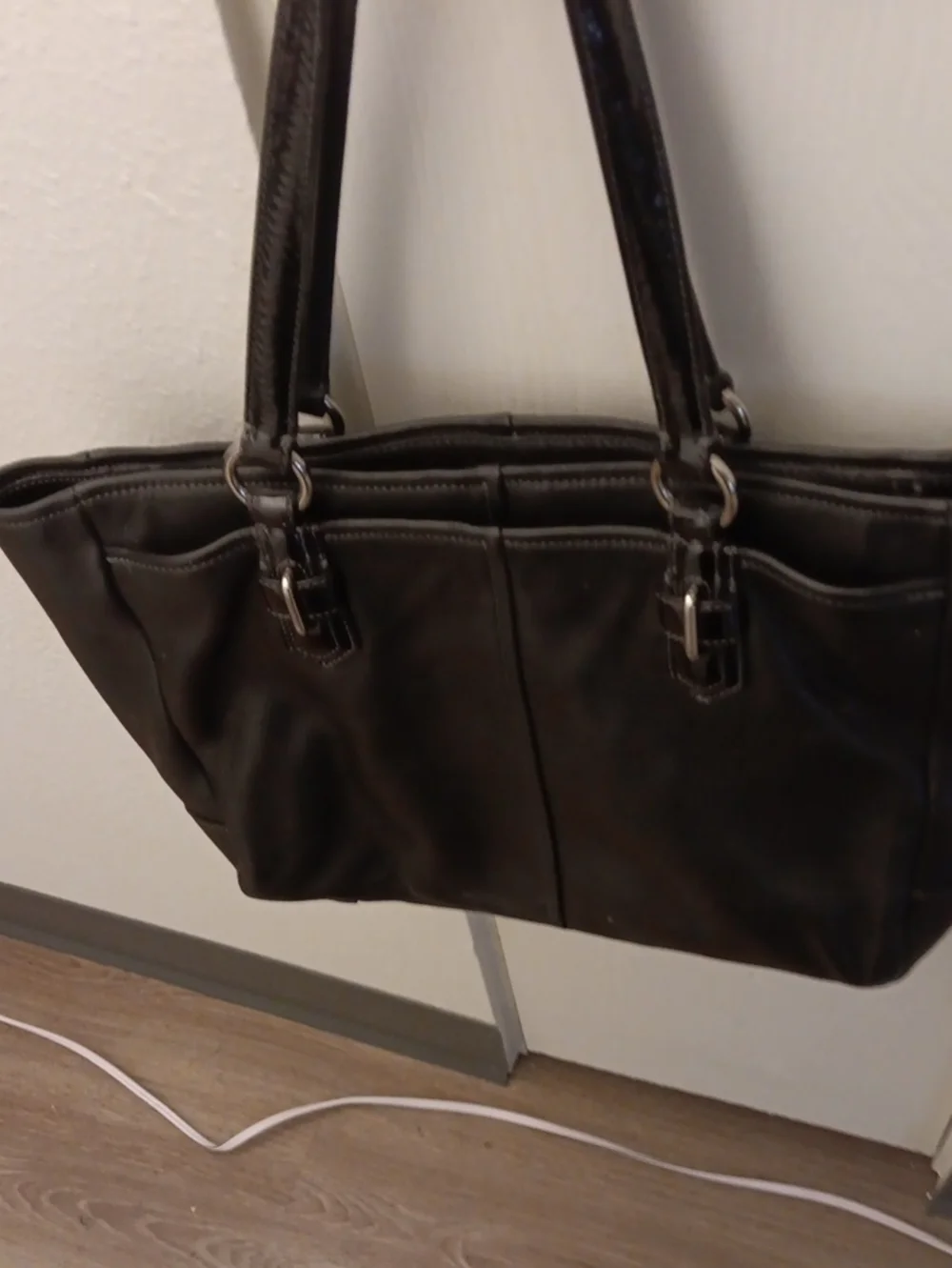 Black Leather Tote Handbag with Silver Hardware
